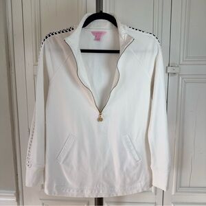 Lilly Pulitzer Womens Small White Half-Zip Pullover With Gold Palm Zipper Charm